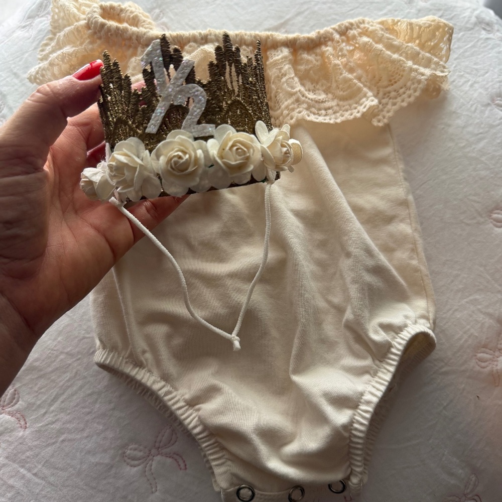 Baby 6 month birthday- White Rose Crown and Outfit Boho Stylish Classy Style